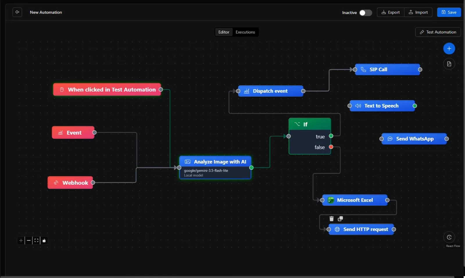 El editor de A.T.O.X.: un evento, una condición, contexto y acciones en un solo flujo.